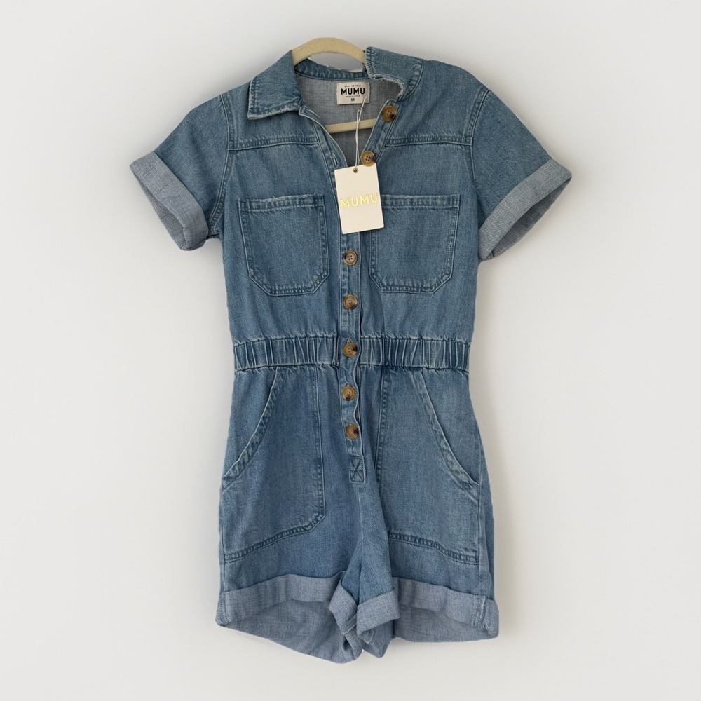 NWT Show me your Mumu Retro Coastal Boho Workwear Grunge Denim Medium Romper